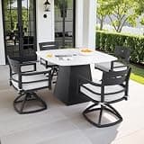 Hassyee 5-Piece Outdoor Dining Set with Soft Cushions and Square Sintered Stone Table for Backyard, Poolside, 4 Swivel Chairs and Table Set with Sturdy Aluminium Frame for Balcony