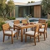 Hassyee Acacia Wood Outdoor Dining Set with Expandable Dining Table and Removable Cushions for Poolside, Backyard, Patio Furniture Set with 4 Armless Chairs and 2 Armchairs for Lawn