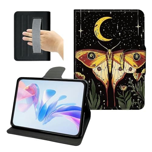 PU Leather Slim Case for iPad mini 7 (A17 Pro) Gen 2024/ iPad mini 6 2021 8.3 inch, 360 Rotating Stand Cover with Hand Strap, Auto Sleep/Wake Multi-Angle Case, Moth Moon Plants
