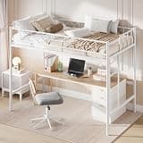GarveeLife Twin Loft Bed with Desk Underneath, Metal Loft Bed Frame with Safety Guardrails & Ladder, Heavy Duty Steel Slats, No Box Spring Needed, Space Saving Loft Bed for Kids, Teens, Dorm
