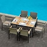 SONDERVIBE All Weather 7-Piece Patio Dining Table Sets, Patio Conversation Set Acacia Wood Table Top with Umbrella Hole, Rattan Outdoor, Brown Gray Color