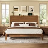 LARMACE Queen Size Wood Platform Bed Frame with Mid-Century Modern Tall Headboard & Charging Station, Built-in Headboard Shelf, Solid Sustainable Bedframe, No Box Spring Needed, Easy Assembly, Walnut