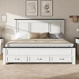 AMERLIFE 52.2" Farmhouse Bed Frame with Tall Panel Headboard & Footboard, King Size Storage Bed Frame with Spacious Drawers, No Box Spring Needed, Platform Bed Frame for Bedroom, Rustic White