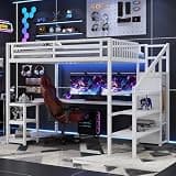 Peanu Queen Loft Bed with Wardrobe, L Shaped Desk, USB, LED Light