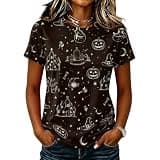 Womens Summer Short Sleeve Tops Casual Crew Neck Halloween Pumpkin Printed Shirt Loose Fit Casual Basic Tee Blouses(1-Black,Medium)
