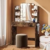 wanan 31.5" W Vanity Desk with Mirror and Lights 3 Colors, Small Makeup Vanity Set with Power Outlet & Hairdryer Rack, Girls Vanity for Small Spaces, Vintage Brown