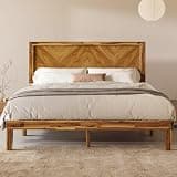Jocisland Queen Size Acacia Wood Bed Frame with 45'' Headboard, Mid-Century Modern Wooden Platform Bed with Slat Support, Noise-Free, No Box Spring Needed, Easy Assembly, Brown