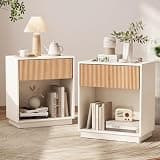 Fluted Nightstands Set of 2, Modern Bedside Table with Drawer and Storage Shelf, Wood End Table Mid Century Night Stands for Bedroom Living Room Sofa Couch Office (White+Oak)