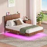OFLILAK Full Size Floating Bed Frame with Concealed Legs, Built-in Charging Station, App-Controlled LED Lights & Wavy Headboard, No Box Spring Needed, Noise-Free & Easy Assembly, Walnut