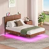 OFLILAK Full Size Floating Bed Frame with Concealed Legs, Built-in Charging Station, App-Controlled LED Lights & Wavy Headboard, No Box Spring Needed, Noise-Free & Easy Assembly, Walnut