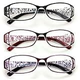 V.W.E. 3 Pairs Women Rectangular Floral Readers - Fashion Reading Glasses Magnification (3 Pairs (Black/Maroon/Purple), 2.00)