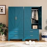 COFaR Metal Wardrobe Closet with 2 Drawers, 71" Tall Armoire Wardrobe Closet with Doors, Hanging Rod & Adjustable Shelf, Freestanding Steel Clothes Storage Cabinet for Bedroom, Peacock Blue