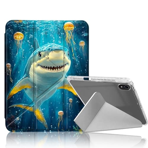DISUOFEART for iPad A16 (11th Generation) Case, Smiling Shark with Jellyfish Slim Stylish Clear Protective Cover with Pencil Holder, Multi-Angle Folding Y-Shaped Stand & Auto Sleep/Wake Function