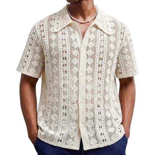 Men's Knit Button Down Shirt Short Sleeve Hollow Out Cotton Knitting Cardigan Casual Retro Summer Beach Vacation Tops Polo Button Down Shirts for Men Multicolor M