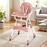 Portable Baby High Chair for Babies & Toddlers, Easy-Clean Multi-Use Feeding Chair with Lockable Wheels, Toy Storage Basket, Adjustable & Space Saving Design, Pink