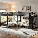 Bellemave Twin L-Shaped Quad Bunk Beds with Built-in Wardrobe and Open Shelves, Heavy Duty Metal 4 Bunk Beds with Storage Shelves for Kids Adults, Black