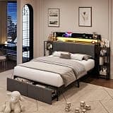 Garvee Full Upholstered Bed Frame with Hidden Headboard Storage,Top Shelve, LED Lights, Charging Station, Side Shelves, Pull-Out Footboard Storage, No Box Spring Needed, Black
