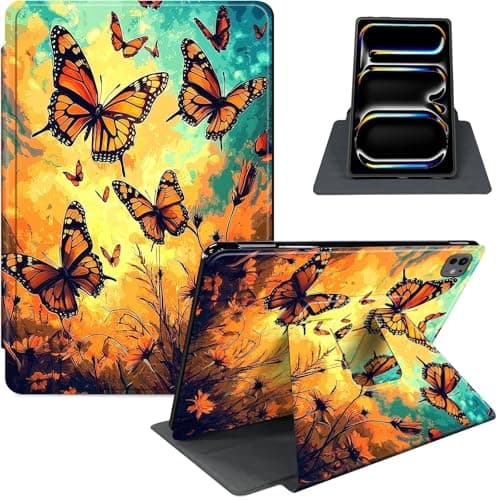 for iPad Pro 11 Inch Case 2024 (M4), 360° Rotating PU Leather Stand Cover with Auto Sleep/Wake, Multi-Angle Viewing, Shockproof TPU Back, Full Protection, Orange Monarch Butterflies