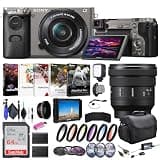 Sony Alpha a6000 Mirrorless Digital Camera with 16-50mm Lens Graphite ILCE6000L/H, Sony FE PZ 16-35mm Lens, Filter Kit, Wide Angle Lens, Color Filter Kit, Bag, 64GB Card, and More
