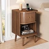 Decofy Mid Century Walnut Nightstand, Beside Table with Charing Station, Fluted End Table with Tambour Sliding Door & Open Shelf, Curved Corners Design, Wood Night Stand for Bedroom