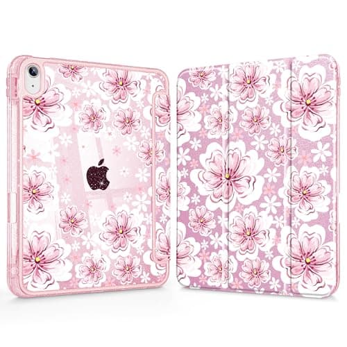 Mektron Sparkly Slim Case for iPad Air 11-inch M4/M3/M2 (2026/2025/2024), Glitter iPad Air 5th/4th 10.9 Inch Tablets Cover with Shiny Clear Back Shell Foldable Bling Smart Cover, Pink Flowers