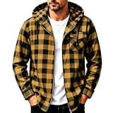 Mens Plaid Hooded Zip Up Shacket Drawstring Long Sleeve Loose Fit Hoodie Casual Fall Winter Outerwear with Pockets Yellow