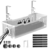 Under Desk Cable Management Tray White, Cinati Wire Organizers No Drill, Cable Tray with Clamp for Wire Management, Cord Organization Box for Office, Home - No Damage to Desk