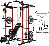 Mikolo K6 Power Cage, Power Rack with Cable Crossover System, Home Gym Packages with Weight Bench, Olympic Barbell, 230b Rubber Weight Set-Red