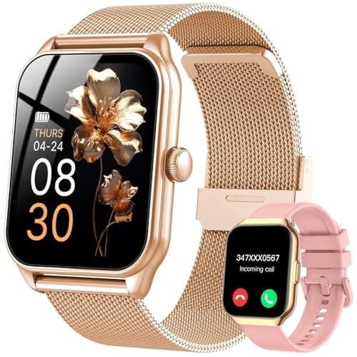 Smart Watch for Women 1.96'' 120 Sports Mode Fitness Tracker Gold Waterproof Digital Watches Make/Answer Call Running Smartwatch Fits for iPhone Android 2 Straps
