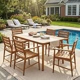 Christopher Knight Home Evelyn Patio Acacia Wood Dining Set for 6 People, Outdoor Dinner Table & Chairs Set with Slatted Design, 7 Piece Patio Furniture Set for Backyard Deck, Light Teak + Teak