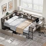 Harpaq Full Corner Bed Frame with Storage Bookcase and Desktop, Daybed with Charging Station & 2 Storage Drawers, Full Size U-Shaped Metal Platform Bed for Teen & Kids, Bedroom, Living Room, Grey