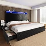 Uteeran Queen Size Bed Frame with 2 Bedside Stoage Racks & 4 Locking Drawers, 51.2" Tall Headboard with Charging Station & RGB LED Lights, Farmehouse Platform Bed Frame, No Box Spring Needed, Black