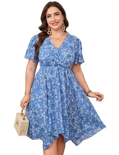 ShopWonder Women Plus Size Wrap V Neck Midi Dress Short Sleeves High Waist Irregular Hem Summer Casual Dress Blue White Flower 5X