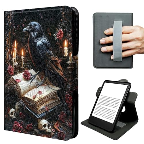 JNFBWULO Case for Kindle 11th Generation (6" Display, 2022 & 2024 Release, Basic Kindle), 360° Rotating Stand Cover with Hand Strap, Auto Sleep Wake Protective Folio - Gothic Crow