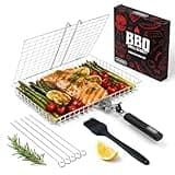 SHIZZO Grill Basket Gift Set - Removable Wooden Handle - Non-Stick Stainless Steel, BBQ Grilling Rack for Fish, Shrimp, Vegetables - Camping & Outdoor Smoker Accessories, Gifts for Dad, Husband