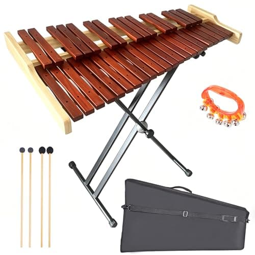 37 Note Xylophone Professional Wooden Glockenspiel, Upgraded Arched Frame for Better Resonance, with Height Adjustable Stand, 4 Mallets, Hand Bell and Carry Bag (Natural)