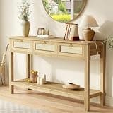 SUPERJARE Rattan Console Sofa Table with Outlets, USB-C Port and 3 Drawers