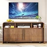 Woemtoric Small Fluted TV Stand for Bedroom, Mid Century Modern Media TV Console for 55 60 65 Inch TV, Walnut Entertainment Center with Sliding Doors, Short, Living Room, Apartment