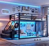 Bellemave Twin Over Twin bunk Bed with led and Storage Shelves and Drawer,Metal Floor Bunk Bed, Bunk Bed for Kids, Black