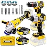 MoJoTools Brushless Cordless Power Tool Combo Kit for Heavy DIY & Semi-Professional Use – 50Nm Drill Driver, 380Nm Impact Wrench, 5" Angle Grinder LCD, 2×3000mAh Batteries, Carry Case &&Accessories