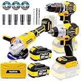 MoJoTools Brushless Cordless Power Tool Combo Kit for Heavy DIY & Semi-Professional Use – 50Nm Drill Driver, 380Nm Impact Wrench, 5" Angle Grinder LCD, 2×3000mAh Batteries, Carry Case &&Accessories