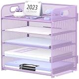 Supeasy 5 Trays Paper Organizer Letter Tray with Handle-Mesh Desk File Holders, Paper Sorter Desk Organizer for Office, Home, Classeoom or School, Purple