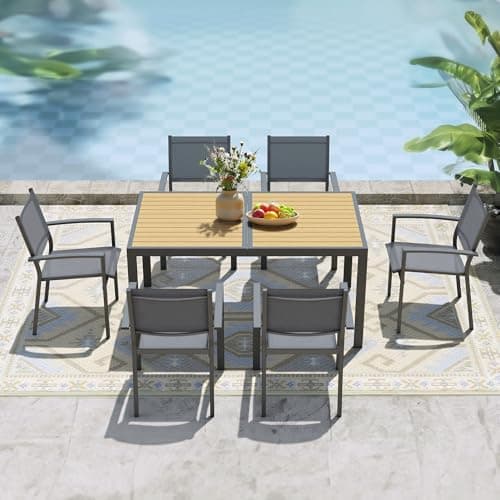 FansaFurn Patio Table and Chairs Set for 6, Outdoor Patio Furniture Set with Metal Textilene Chairs and Aluminum Table, All-Weather Outdoor Dining Set with HDPS Rectangular Tabletop for Patio Porch