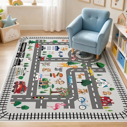 Bildenly Baby Play Mat, Playroom Rug for Kids, Non Slip Washable Toddler Floor Mat, Car Rug for Kids Toy Cars, City Road Carpet for Playroom Bedroom Boys, Car Track Map Playmat - 5x7ft