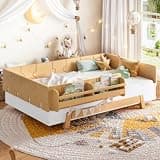 KALALLA Twin Size Floor Montessori Bed with Bookshelves, White+ Natural