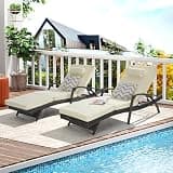 Outdoor Wicker Long Reclining Chair Set of 2 with Cushions, Wicker Reclining Lounge Chair Lawn Sunbathing Chairs Recliner up to 150° Beach Poolside Garden