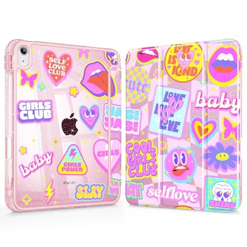 May Chen Gitter Pearl Silk for iPad Air 11 (M4 2026/M3 2025/M2 2024), iPad Air 4 & 5 10.9 Inch 5th 4th (2022/2020), Sparkly Clear Back Protective Stand Cover with Pencil Holder, Cute Stickers