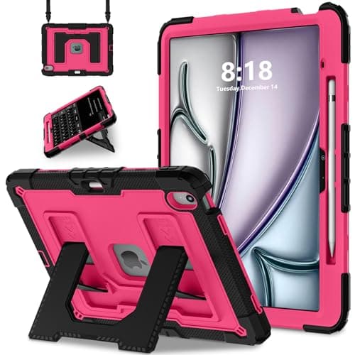 ATOOZ for iPad Air 13 M4/M3/M2 2026/2025/2024,for iPad Air 13 inch Tablet Case with Shoulder Strap & Pencil Holder,Heavy Duty Shockproof Rugged Protective Cover (Rose Red)