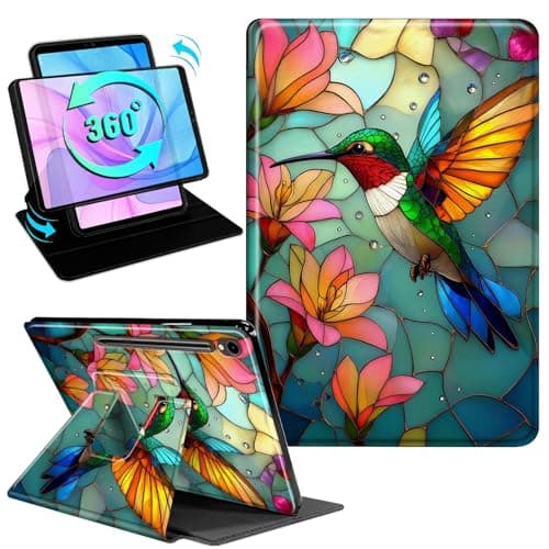 Gmeyutqy Case for Samsung Galaxy Tab S10 Lite/S10 FE/S9 FE 10.9-Inch/S9 11-Inch, 360 Degree Rotating Swivel Stand Flip Leather Cover with Auto Sleep/Wake, Stained Glass Hummingbird