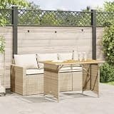 KLGBNCVE 2 Piece Beige Poly Rattan Patio Dining Set with Cushions, Acacia Wood Tabletop and Powder-Coated Steel Frame for Outdoor Garden
